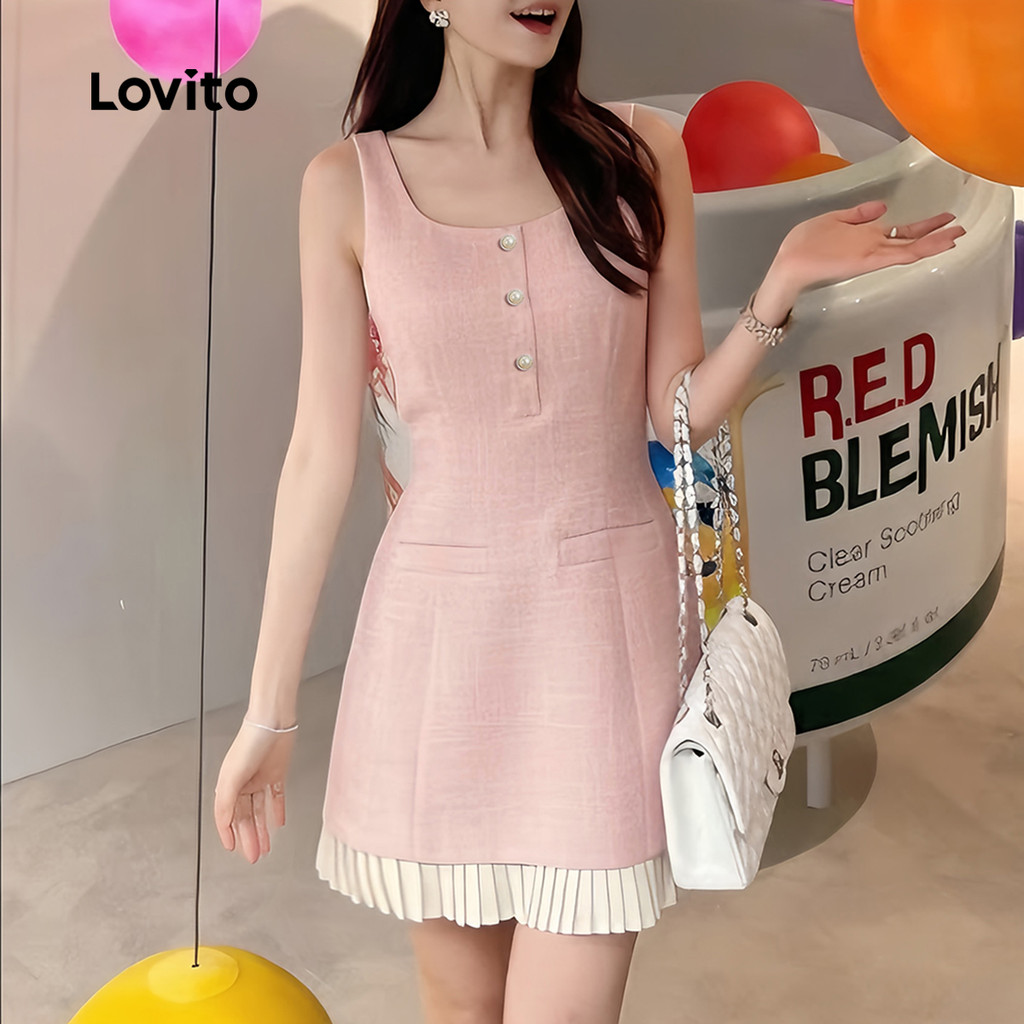 Lovito ชุดเดรสหรูหราสำหรับงานแต่งงาน งานทางการ ชุดเพื่อนเจ้าสาว ดีไซน์กระเป๋าตกแต่ง (แบบเย็บติด) ด้านหน้า กระดุมตกแต่ง สวยงามประณีต สำหรับฤดูใบไม้ผลิ/ฤดูร้อน สีชมพู สำหรับผู้หญิง L171ED458 - รูปที่ 2