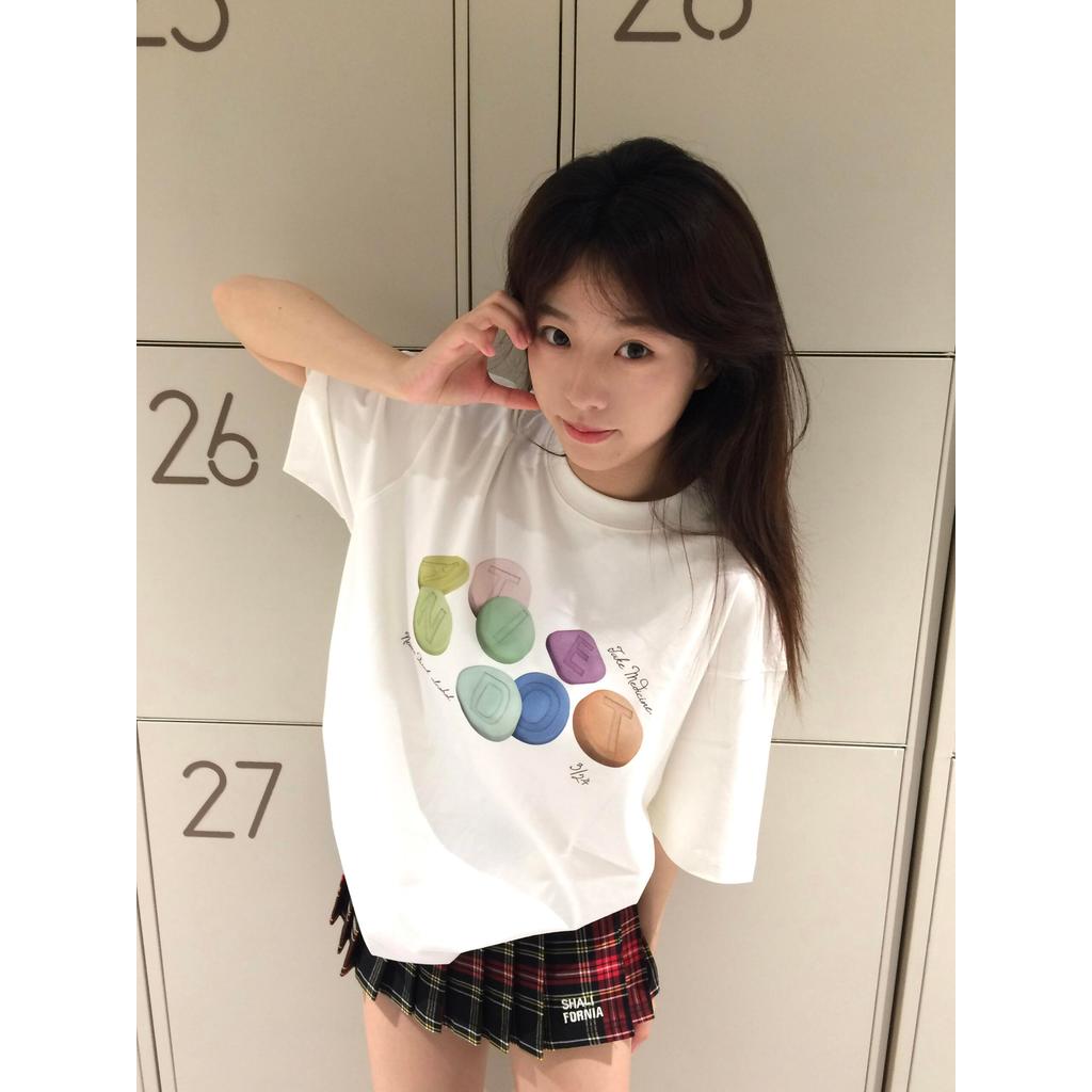 ข้อเสนอพิเศษ COD [ผ้าฝ้ายแท้ 220 กรัม + ปลอกคอด้านหลัง] ฤดูร้อนสไตล์ใหม่พิมพ์เสื้อยืดแขนสั้นผู้หญิงห