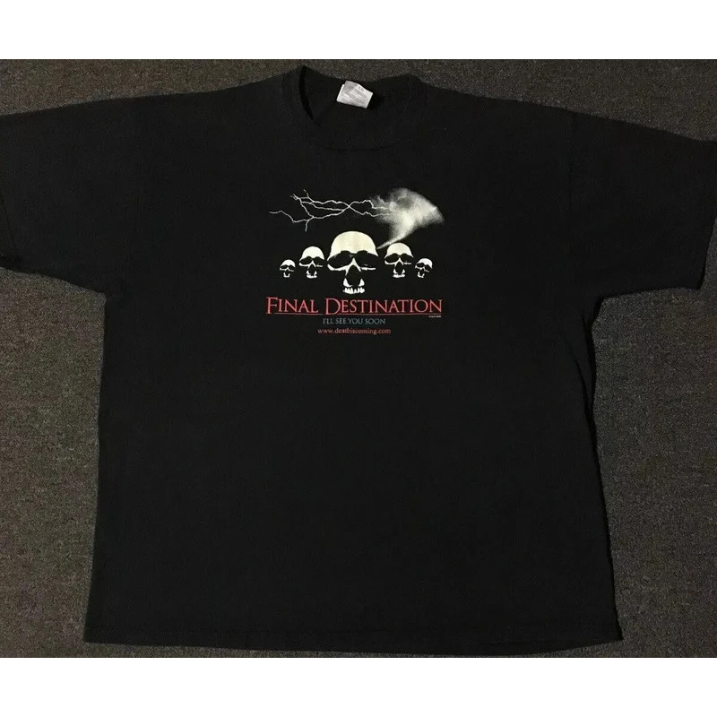 Vtg 2000 Final Destiny 1 น่ากลัวเสื้อฟิล์ม Faded XL Skulls Grunge Y2K เสื้อยืดผู้ชายผู้หญิงคอ Krew T
