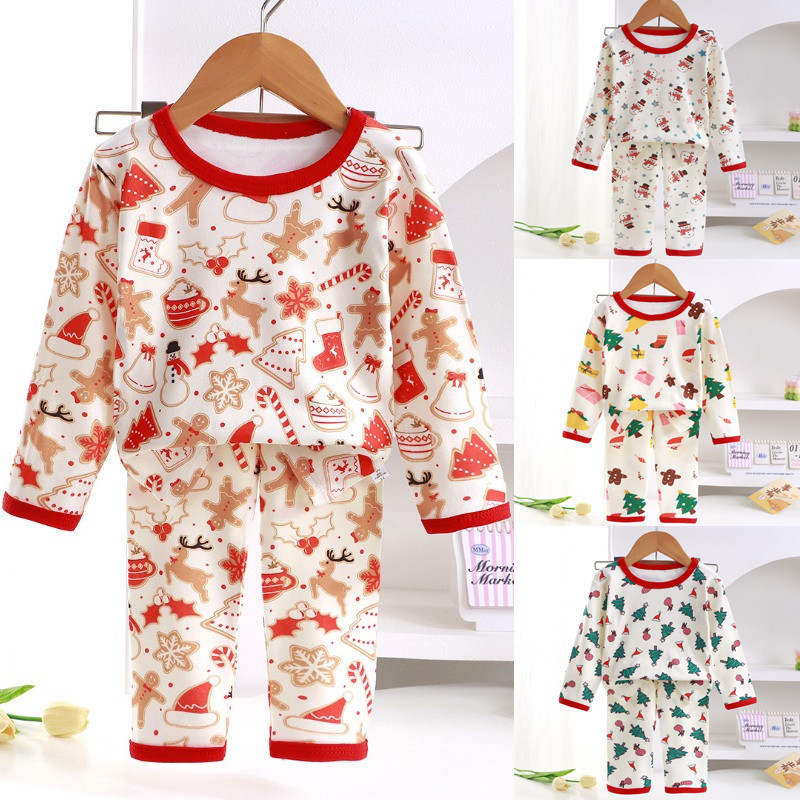 2 ชิ้น/เซ็ตเด็กคริสต์มาสชุดนอนเด็กผ้าฝ้ายแขนยาวชุดนอนนุ่ม Breathable Santa Claus Elk การ์ตูนชุดนอนชุ