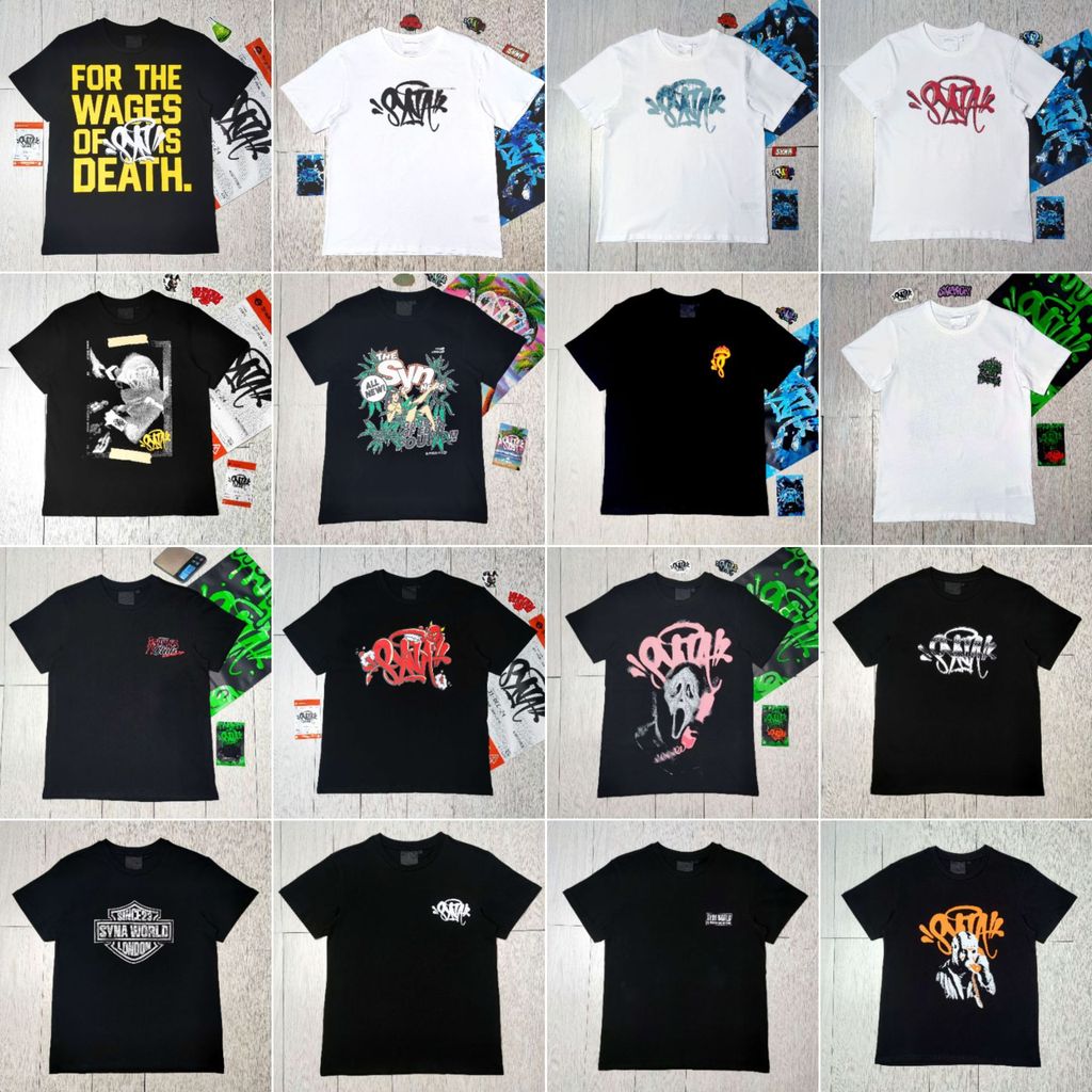 ผ้าฝ้ายแท้ SYNA WORLD American Hip Hop พิมพ์ตัวอักษรคอกลมแขนสั้นผู้ชายผู้หญิงคู่สไตล์เดียวกัน Street