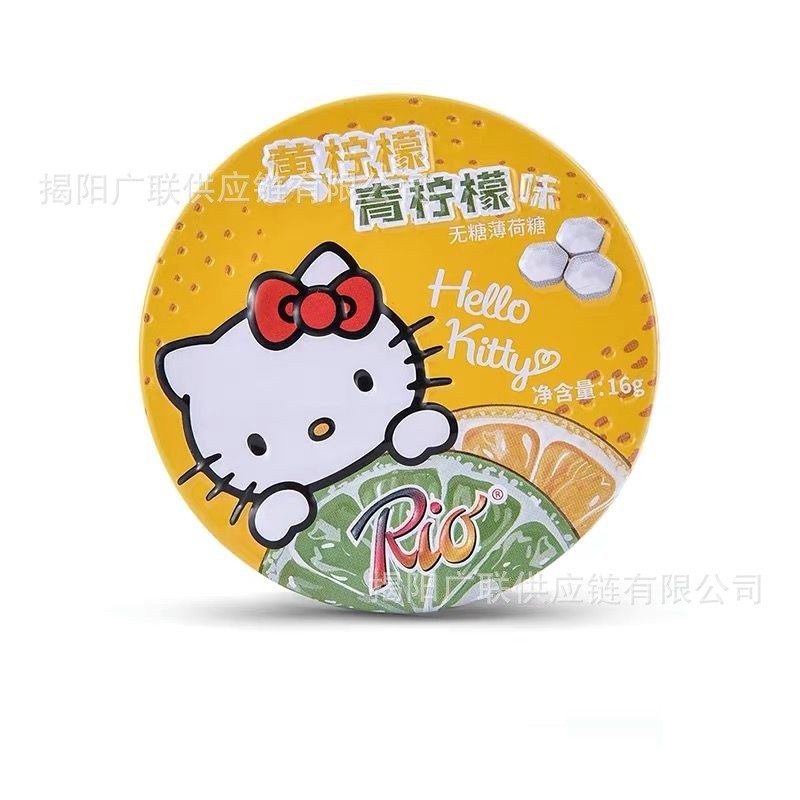 RIO Co-Branded HelloKitty HelloKitty Mint Candy กล่องดีบุกการ์ตูน Hello Kitty Lozenges ลูกอมผลไม้ 26