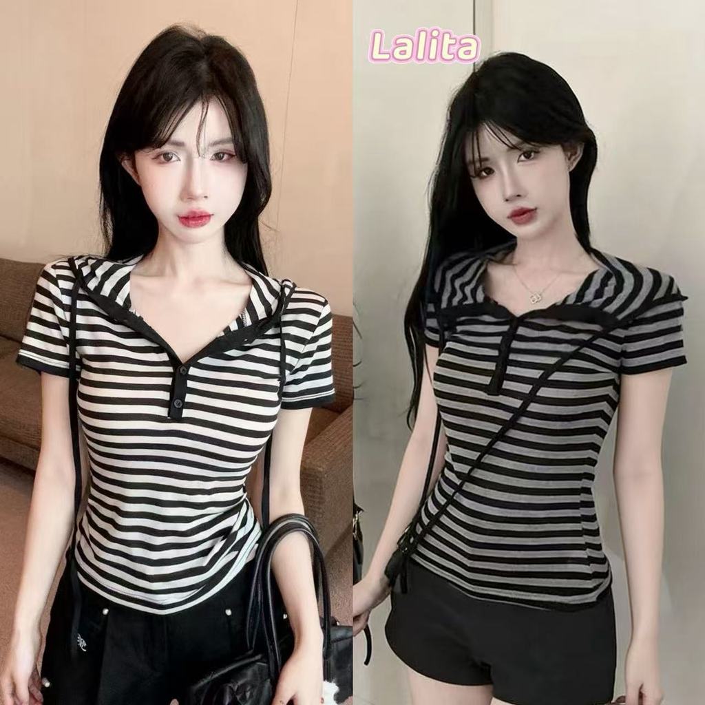 ส่งไวจากไทย ลายทาง มีฮู้ด เสื้อยืดผู้หญิง 2สี สําหรับสตรี ลําลอง🎀Lalita