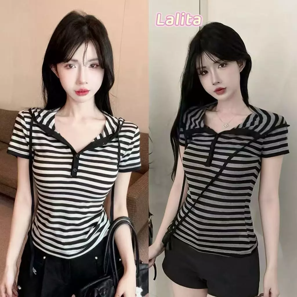ส่งไวจากไทย ลายทาง มีฮู้ด เสื้อยืดผู้หญิง 2สี สําหรับสตรี ลําลอง🎀Lalita