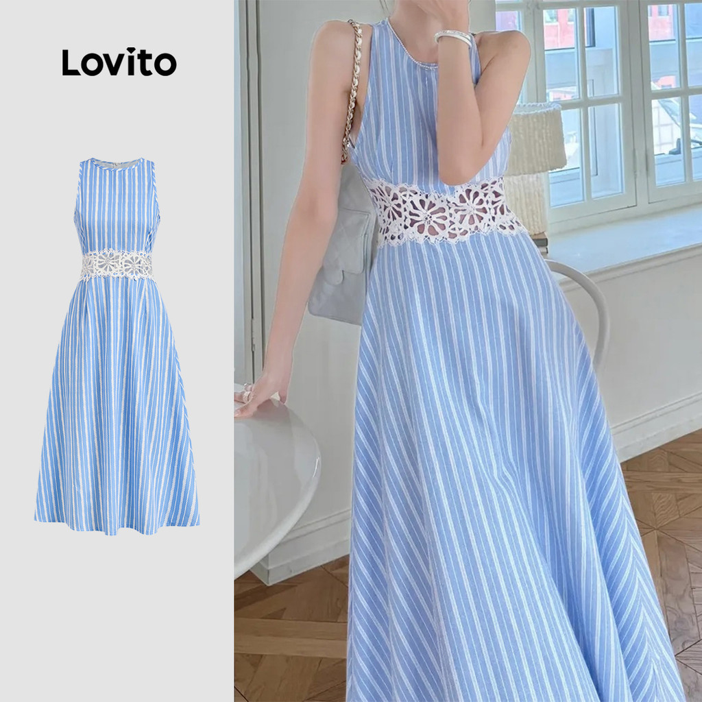 (NEW) Lovito ชุดเดรสลายเรขาคณิตแบบไม่เป็นทางการ สำหรับหญิงสาว สีฟ้า สำหรับฤดูใบไม้ผลิ/ฤดูร้อน L154ED595