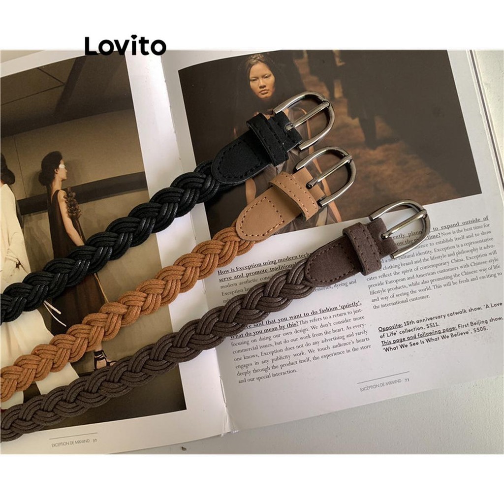 Lovito เข็มขัดผู้หญิง แบบสายถักเปีย สีเรียบ สไตล์ลำลอง LFA33213