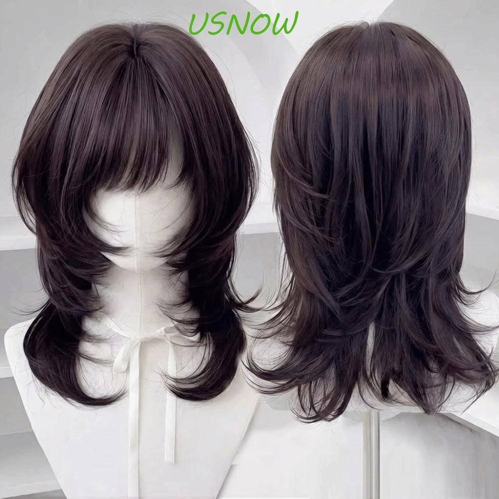 USNOW แมงกะพรุนวิกผม Bangs, สังเคราะห์สีน้ําตาลสีดําขนาดกลางตรง Layered วิกผม, น่ารักธรรมชาติ Hairpi