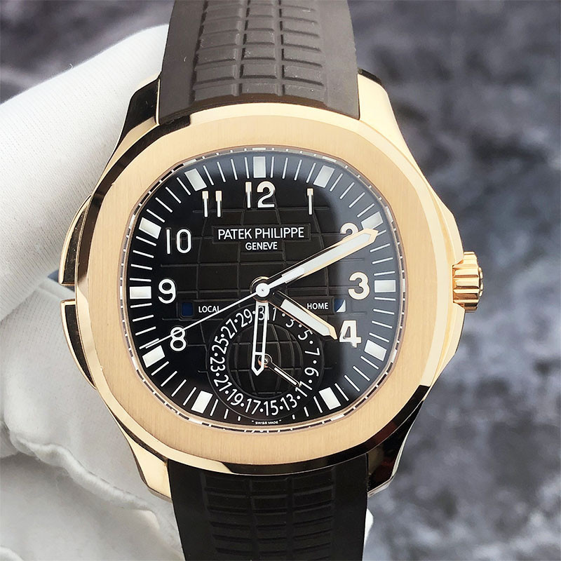 PatekPhilippe AQUANAUT Series 5164R สีน้ําตาลนูน Dial Two Places Time 18K Rose Gold เครื่องจักรอัตโน