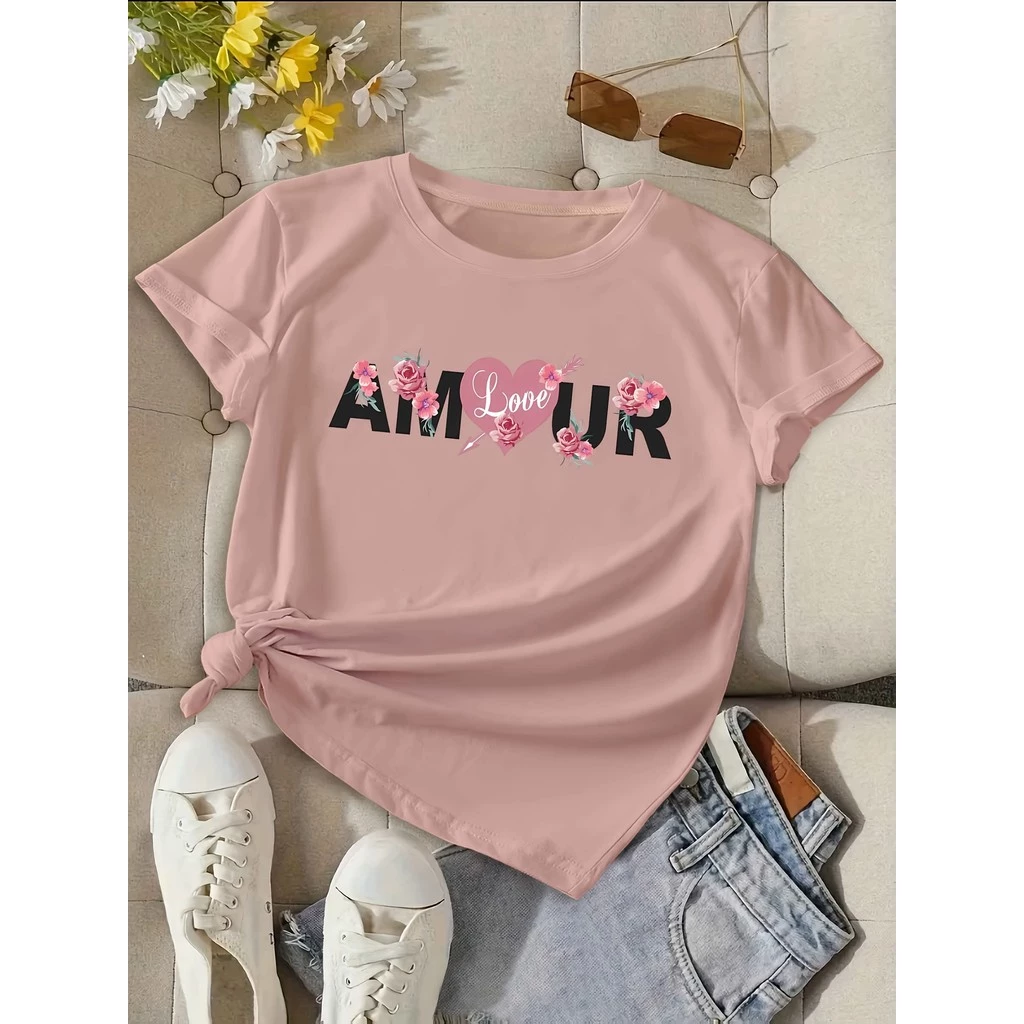 เสื้อยืดผู้หญิงคอวี AMOUR ลายหัวใจและดอกไม้สีชมพู thumbnail 7