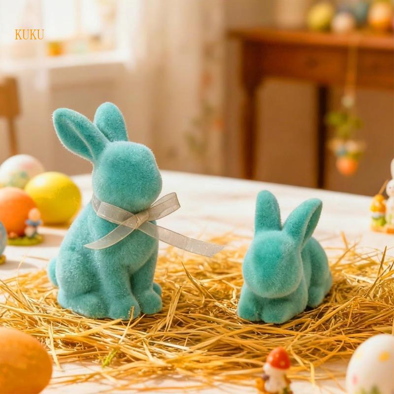 KU * Pack Of 2 Easter Rabbit Table Decorative Soft Flocking Resin Figurines สําหรับ Holiday Party Ho