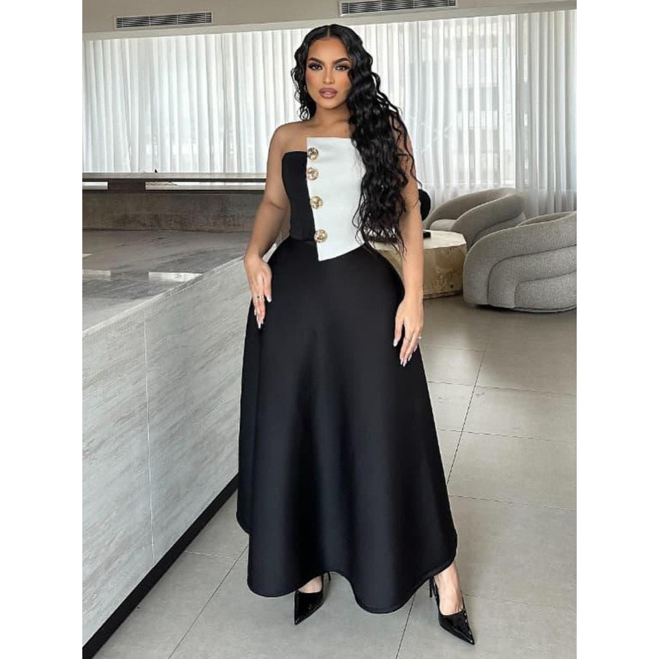 拼色裹胸上衣+高腰A字半身裙优雅轻礼服两套女装Color-block Chest Wrap Top High Waist A- line Skirt Excellentwmqwnv123th20260