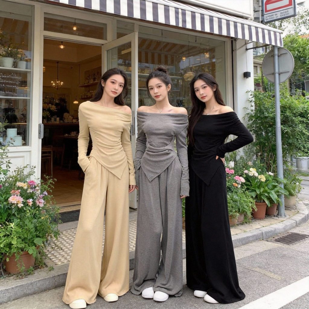 ชุดเซ็ทเสื้อแขนยาวปาดไหล่ ดีไซน์แขนยาวทรงเข้ารูปโชว์ผิวสวย เสริมเสน่ห์ให้ดูน่าดึงดูด