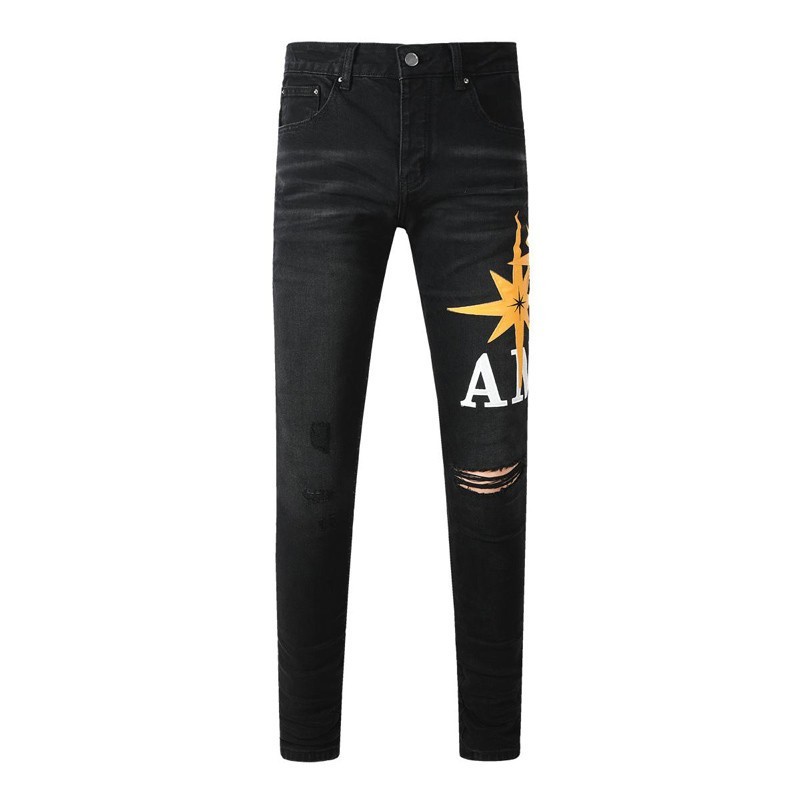 Street fashion designer men jeans black slim fit elastic tear print design hip-hop men denim pants