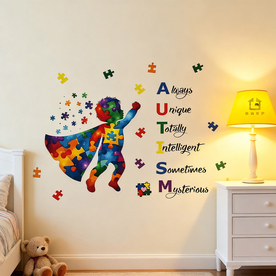 HS1875H ปริศนา Superhero AUTISM สติ๊กเกอร์ติดผนังตกแต่งห้องเด็ก Positive Energy Theme สติ๊กเกอร์ติดผ