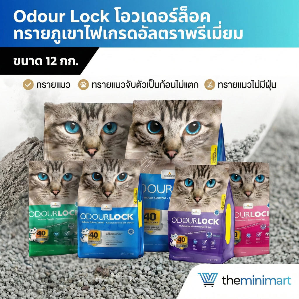Odour Lock โอวเดอร์ล็อค ทรายภูเขาไฟเกรดอัลตราพรีเมียม ขนาด 12 กก. ทรายแมว ทรายแมวจับตัวเป็นก้อนไม่แตก  ทรายแมวไม่มีฝุ่น