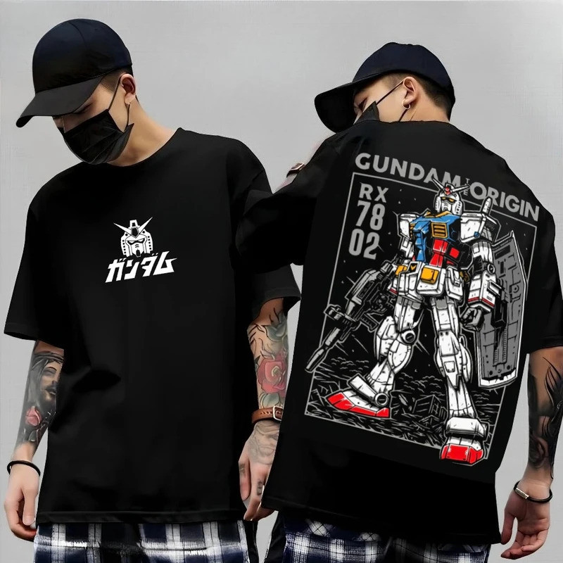 อนิเมะญี่ปุ่น Mobile Suit RX-78-2 Gundam เสื้อยืดแขนสั้นผ้าฝ้ายพิมพ์สำหรับผู้ชายและผู้หญิง Harajuku 