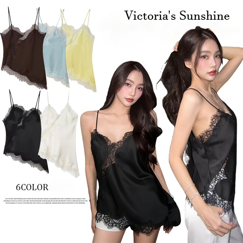 พร้อมส่ง🍒เสื้อสายเดี่ยว ทรงยาว แต่งลูกไม้ แบบไม่สมมาตร เปิดหลัง ผ้าซาตินอย่างดี สไตล์ยุโรป เซ็กซี่แฟชั่นผู้หญิง