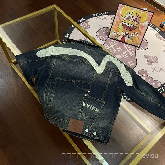 2026 new evisu Home Flower Letter Seagull Frayed Big M Lapel Denim Jacket Coat