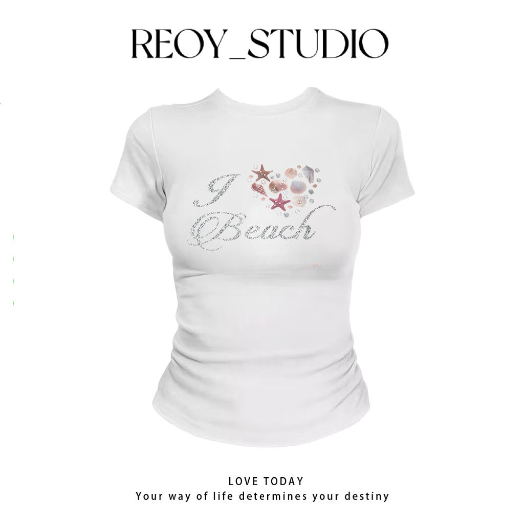 COD（จัดส่งภายใน 24 ชั่วโมง）เสื้อสาวอวบ เสื้อครอปท็อป แขนสั้น babytee สไตล์เกาหลี y2k T-shirt | i love beach
