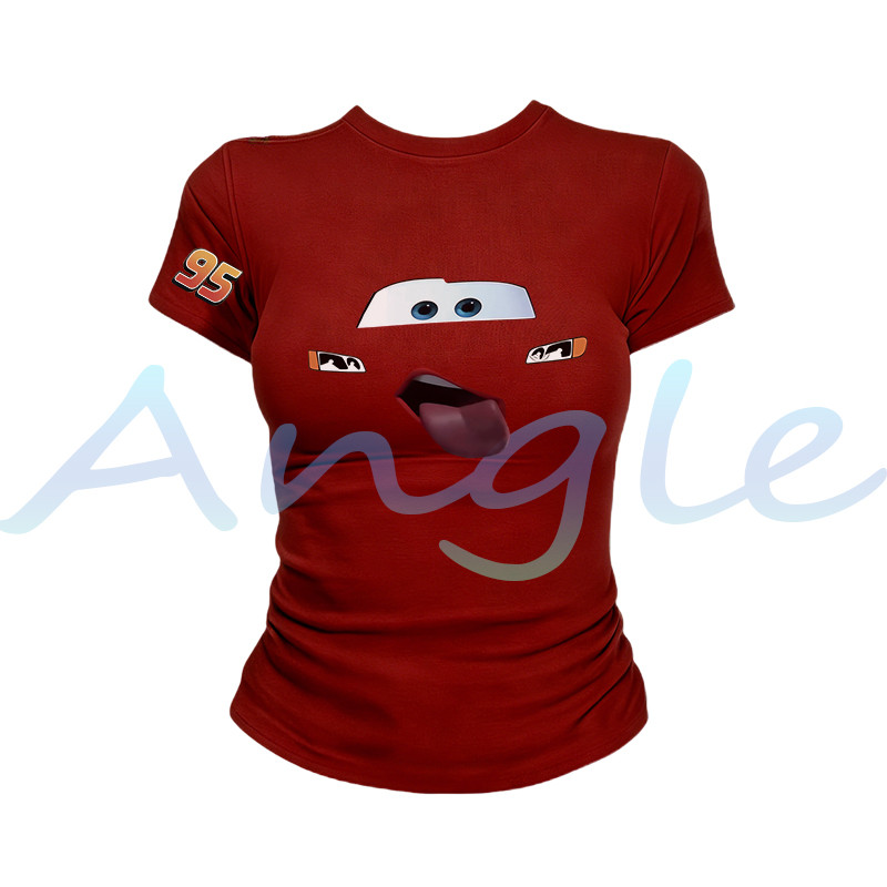 (จัดส่งตลอด 24 ชั่วโมง）Angle Official เสื้อยืดลำลองผู้หญิง พิมพ์ลายหน้ายิ้มสุดน่ารักสไตล์สาวอเมริกัน ทรงเข้ารูป T06