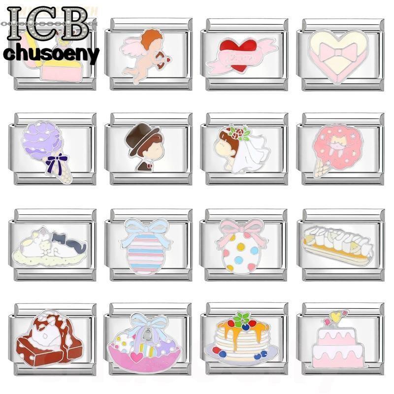 ยอดนิยมรักงานแต่งงานเค้กอิตาเลี่ยน Charm Links Fit 9 มม.สร้อยข้อมือสแตนเลสทําเครื่องประดับ