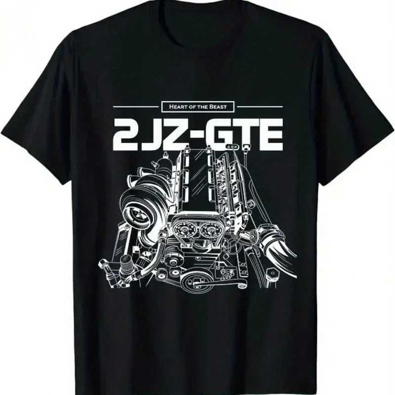 เสื้อยืดผู้ชายลายเครื่องยนต์ 2JZ GTE ผ้าคอตตอนผสมเนื้อนุ่มสบาย แขนสั้นลำลอง พร้อมลายเครื่องยนต์ที่มี