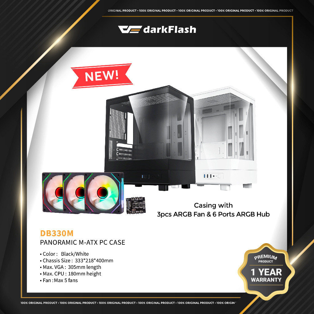 DarkFlash DB330M Micro ATX Casing (พร้อมพัดลม PWM aRGB 3 ชิ้น & 6 พอร์ต aRGB Hub)