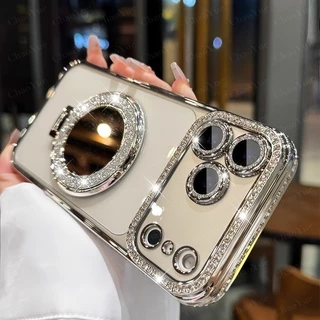 เคสเพชรประกายสําหรับ IPhone 17 16 15 13 14 12 11 Pro Max Plus Air พร้อมกระจกแม่เหล็กขาตั้งป้องกันกล้องเต็มรูปแบบ | ดีไซน์ประกายแวววาวหรูหราสําหรับผู้หญิง