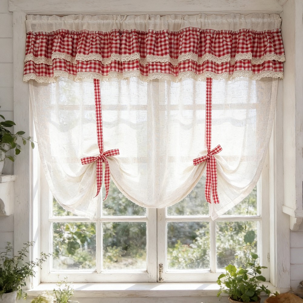Rustic Bohemian Neutral Semi Sheer Tie Up บอลลูนผ้าม่านตาข่ายสีแดง Layered Ruffles ห้องครัว Valance Liftable Roman Shade สําหรับหน้าต่างขนาดเล็ก Cafe ระเบียง Rod กระเป๋า