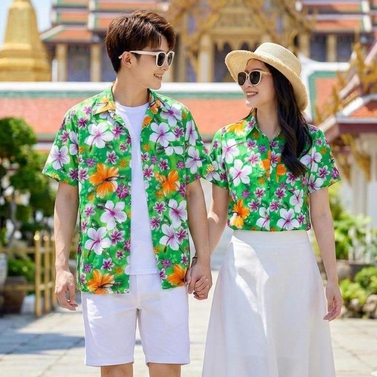 018 เสื้อเชิ้ตลายดอก ผ้าคอตตอน100% สีไม่ตก ผ้าไม่หด ลายคมชัด มีไซส์หญิงชาย S-5XL งานไทย ส่งจากไทย*1ตัว* รูปที่ 3