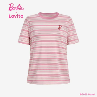 Barbie™ X Lovito แคชชวล เสื้อยืดลำลองแขนสั้นน่ารัก ผ้าฝ้าย 100% สีชมพูตัดกัน สำหรับฤดูใบไม้ผลิ/ฤดูร้อน สำหรับผู้หญิง เกาหลี อินเทรนด์ LB1AD015