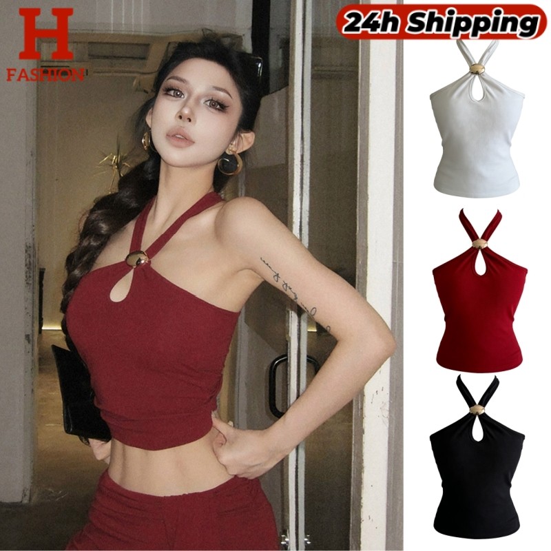 HOT 'พร้อมส่ง' เสื้อคล้องคอ ดีเทลอะไหล่ทอง ยืดตามตัว สาวสุดแซ่บ มี3ตัว FY2902#1