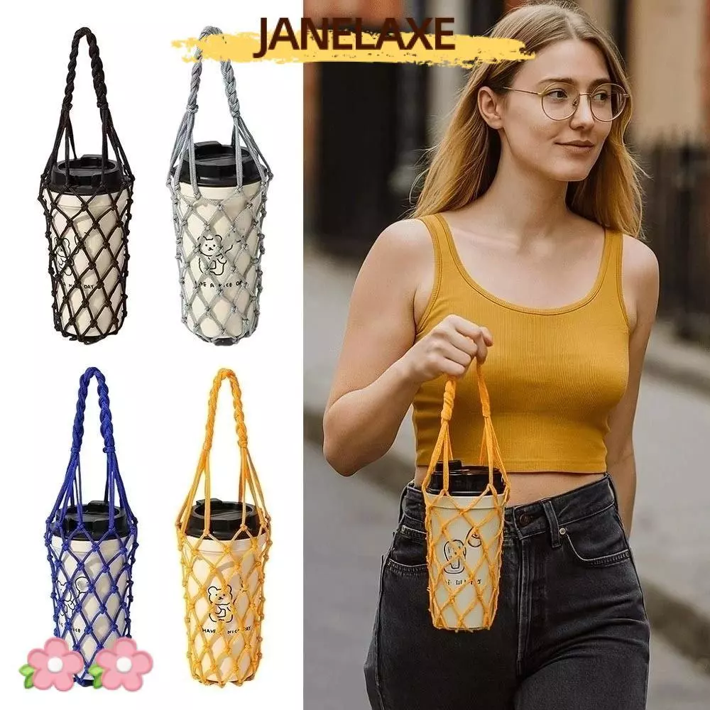 JANELAXE932JN ถุงตาข่าย กระเป๋าใส่แก้วน้ําทอมือแบบพกพา ใช้ซ้ําได้