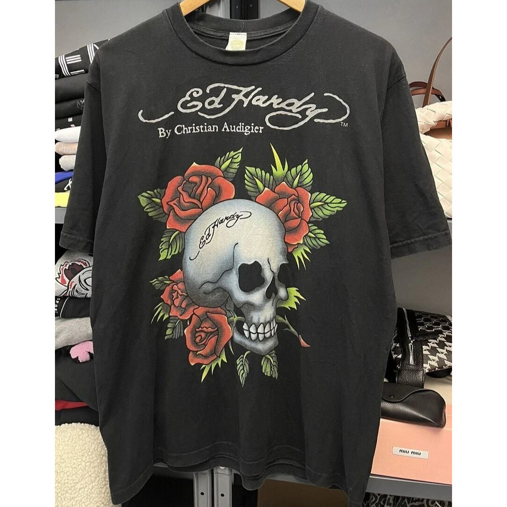 ED Hardy ผ้าฝ้าย 100% Skeleton สีดําพิมพ์ผู้ชายและผู้หญิงเสื้อยืดด้านบนในสต็อก