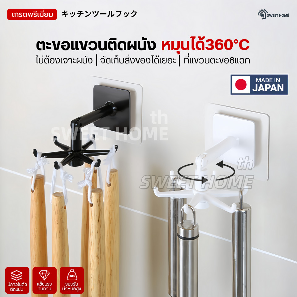 ตะขอแขวนติดผนังหมุน360°C เกรดพรีเมี่ยม ไม่ต้องเจาะผนัง ที่แขวนของในห้องครัว  ที่แขวนตะหลิว ทัพพี กระบวย ตะขอแปะผนัง