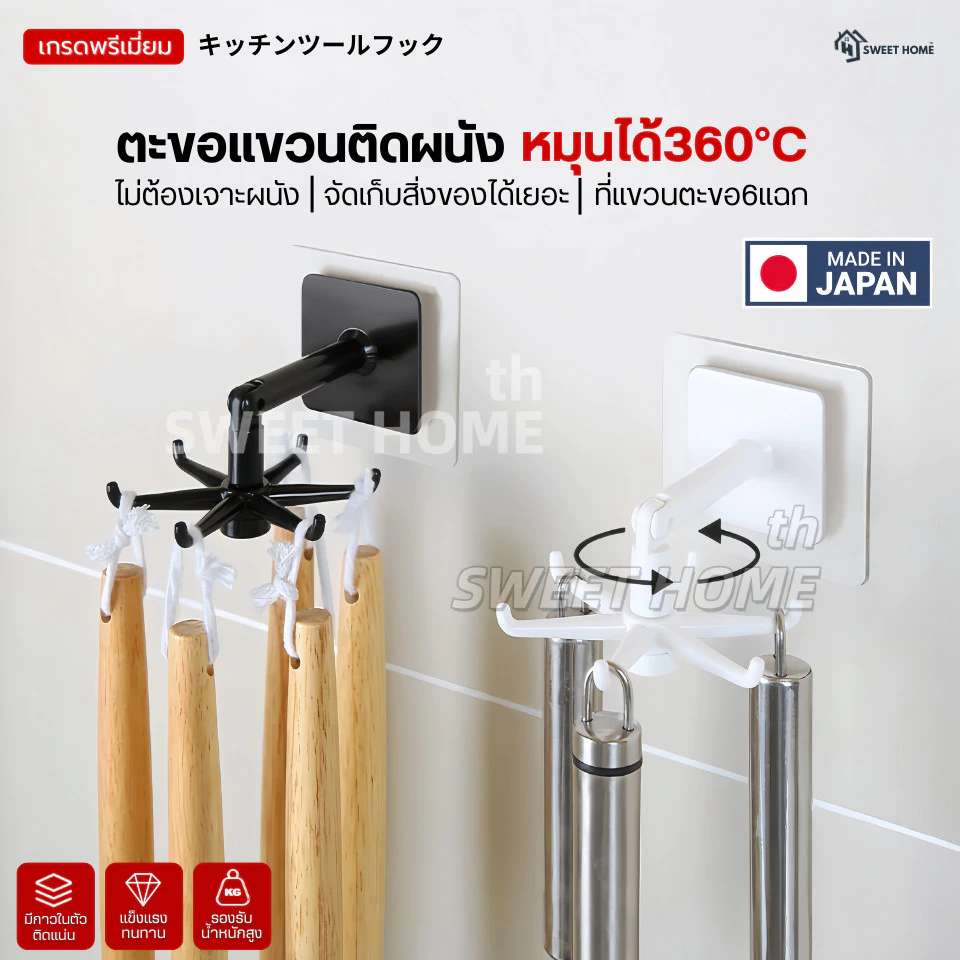 ตะขอแขวนติดผนังหมุน360°C เกรดพรีเมี่ยม ไม่ต้องเจาะผนัง ที่แขวนของในห้องครัว ที่แขวนตะหลิว ทัพพี กระบวย ตะขอแปะผนัง