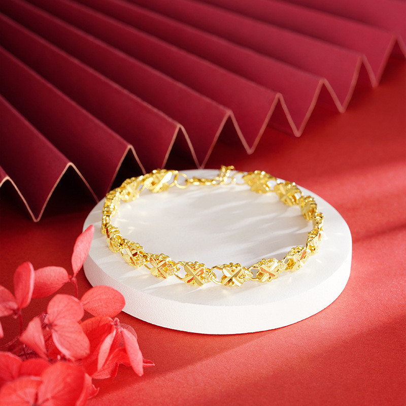 ทรายทอง Four-Leaf Clover Chain สร้อยข้อมือผู้หญิงสีติดทนนานจําลอง Pure Gold 999 Gold-Plated เครื่องป