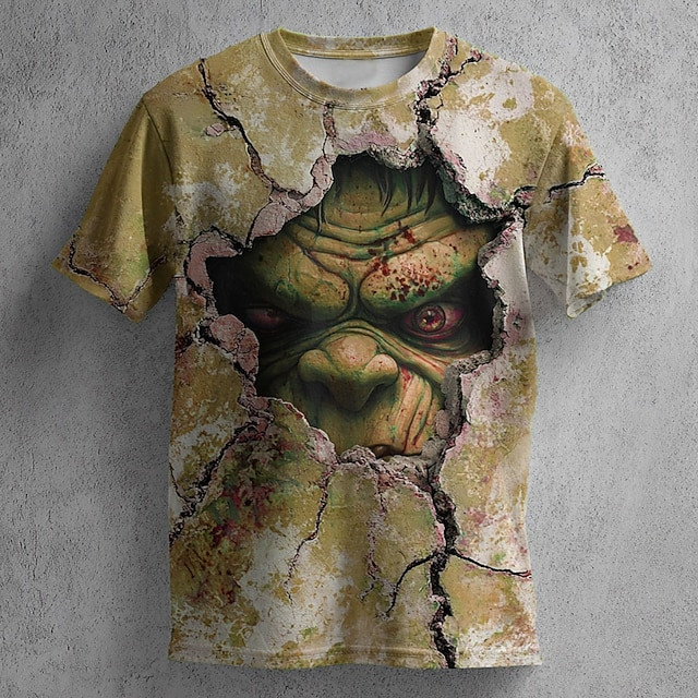 ใหม่ 3D Broken Wall Zombies Face รูปแบบเสื้อยืดสําหรับชายตลกสยองขวัญ Zombie 3D พิมพ์ Tees ลําลองแขนส