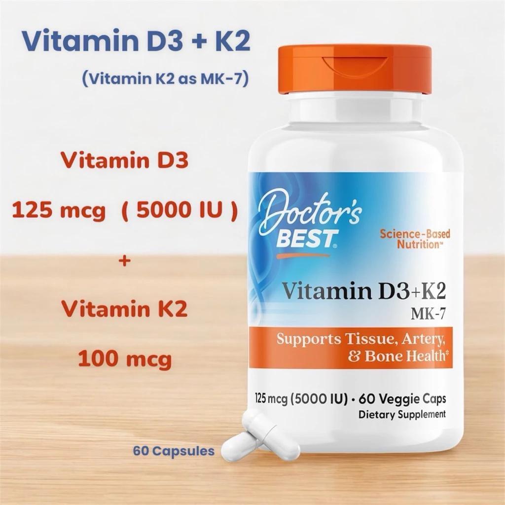 【นำเข้า】✅พร้อมส่ง วิตามิน D3+K2 MK-7 Doctor's Best Vitamin D3 + K2, MK-7, 5000 IU, 60 Veggie Capsule