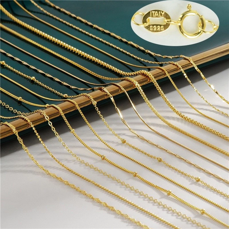 18K Gold Chain 925 เงินสร้อยคอสร้อยคอสามเหลี่ยมกล่อง Ingot Melon O Chain clavicle Chain 18K Gold หญิง ins เกาหลีผู้หญิงที่เรียบง่ายโซ่