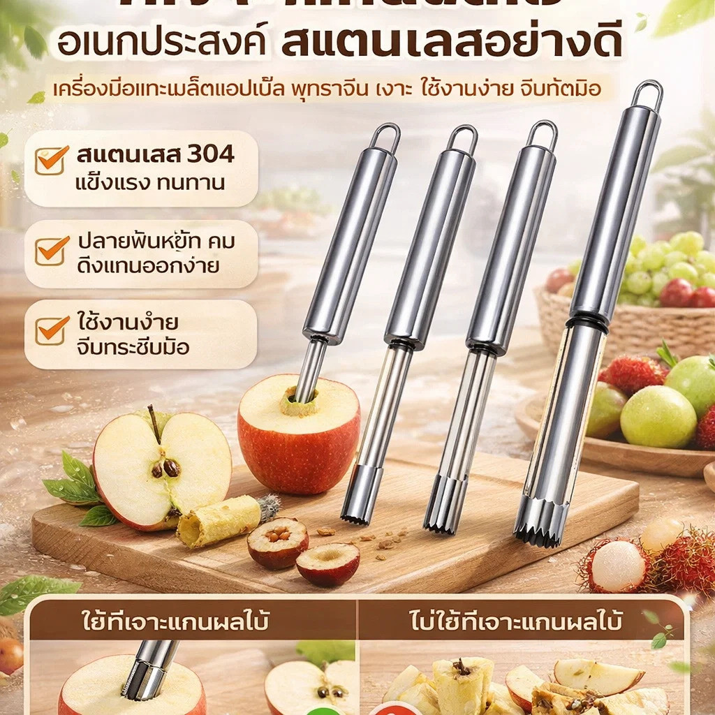 1ชุดมี4ชิ้น ที่เจาะแกนผลไม้ อเนกประสงค์ เครื่องมือล้างเมล็ดสแตนเลส เจาะเม็ด มะยงชิด คว้านเม็ด แอปเปิ้ล พุทราจีน เงาะ
