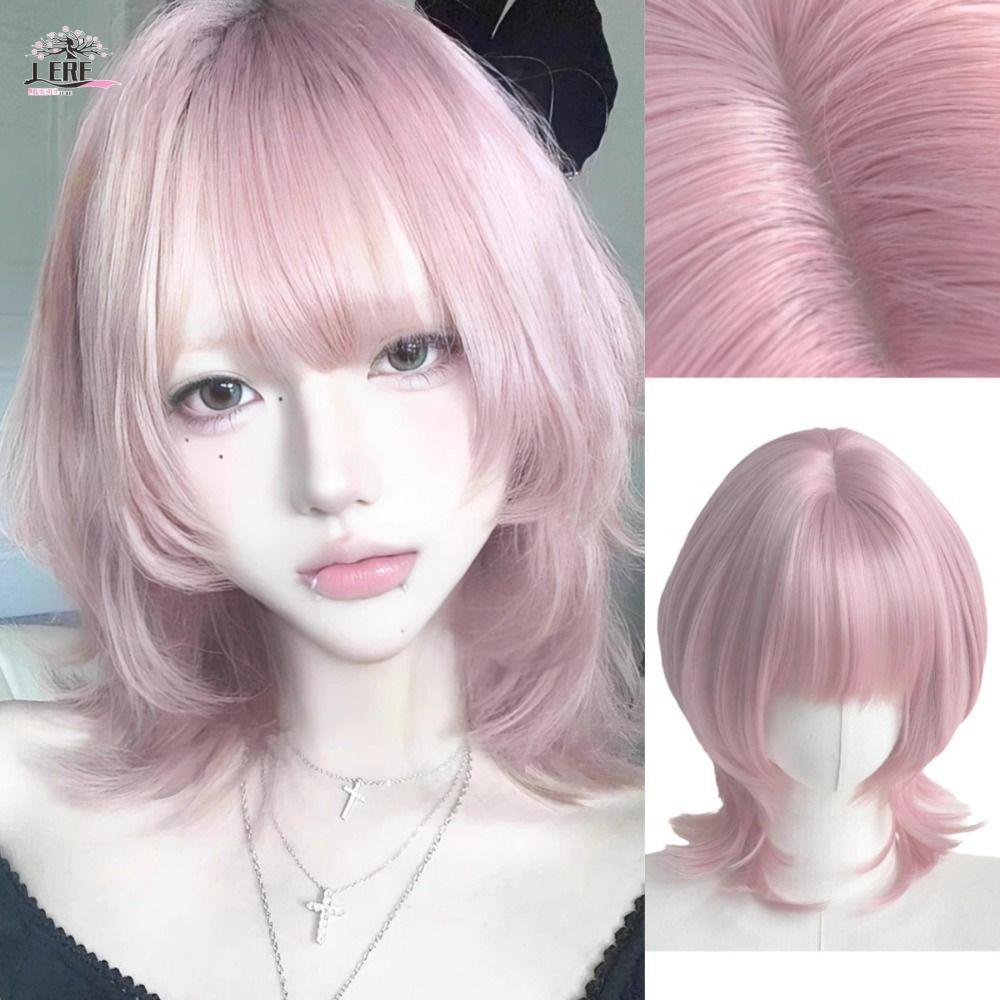 JEREMY1 Lolita คอสเพลย์วิกผมสีชมพู, Mullet หัวแมงกะพรุนวิกผมชั้นวิกผมสังเคราะห์,หวานกลางทนความร้อนธรรมชาติสั้นตรงผม Party