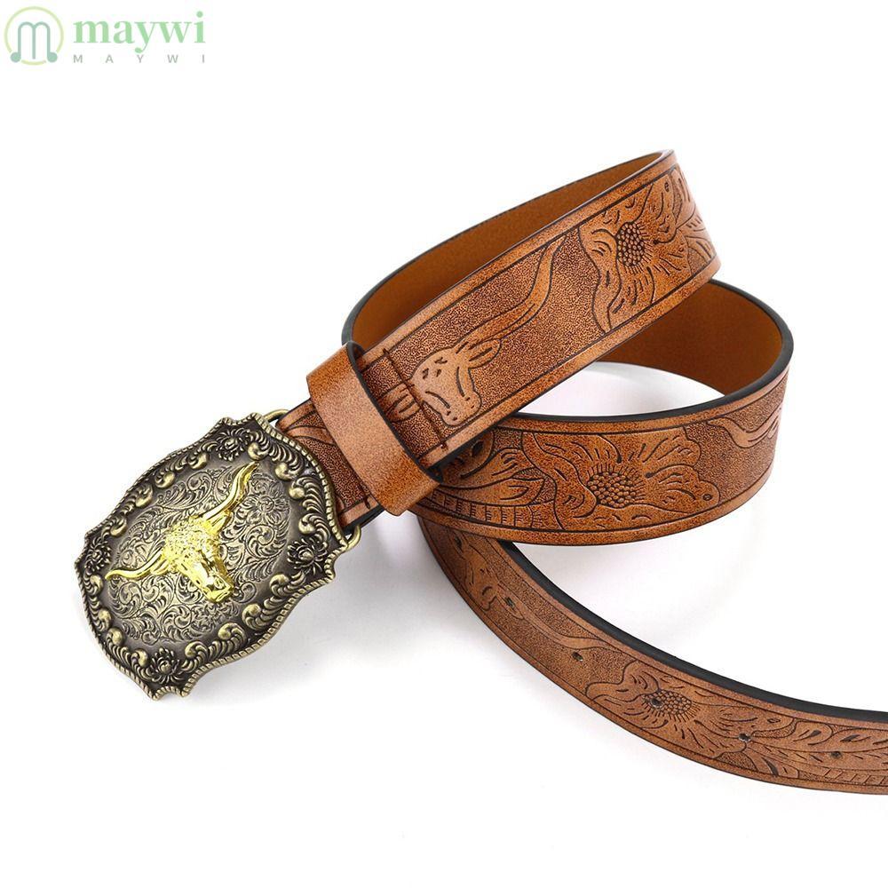 MAYWI Mens Western Cowboy Belt, Wide Vintage Buckle Belt, Retro PU Leather Bull Pattern Waist Belt M