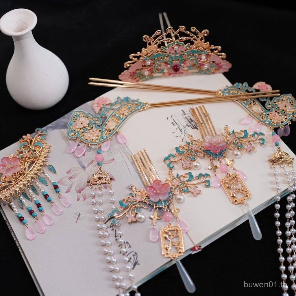 เครื่องประดับผมชุด Hanfu สีฟ้าและชมพู แบบ Crown Hairpin จาก JihuanSplendid