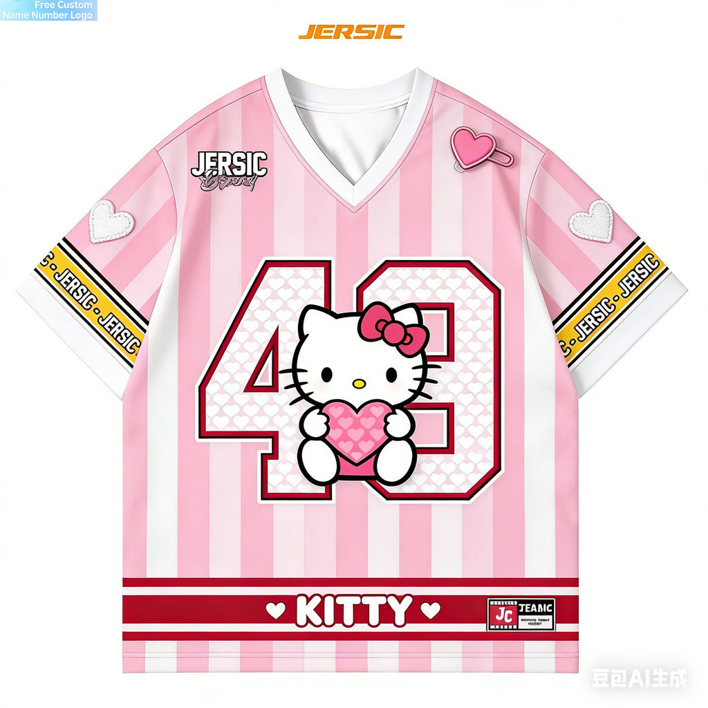 เสื้อแขนสั้นฮาราจูกุคิตตี้ เสื้อกีฬาฟุตบอลสำหรับผู้ใหญ่ ออกแบบพิเศษ ระบายอากาศได้ดี และพิมพ์ลายสวยงาม
