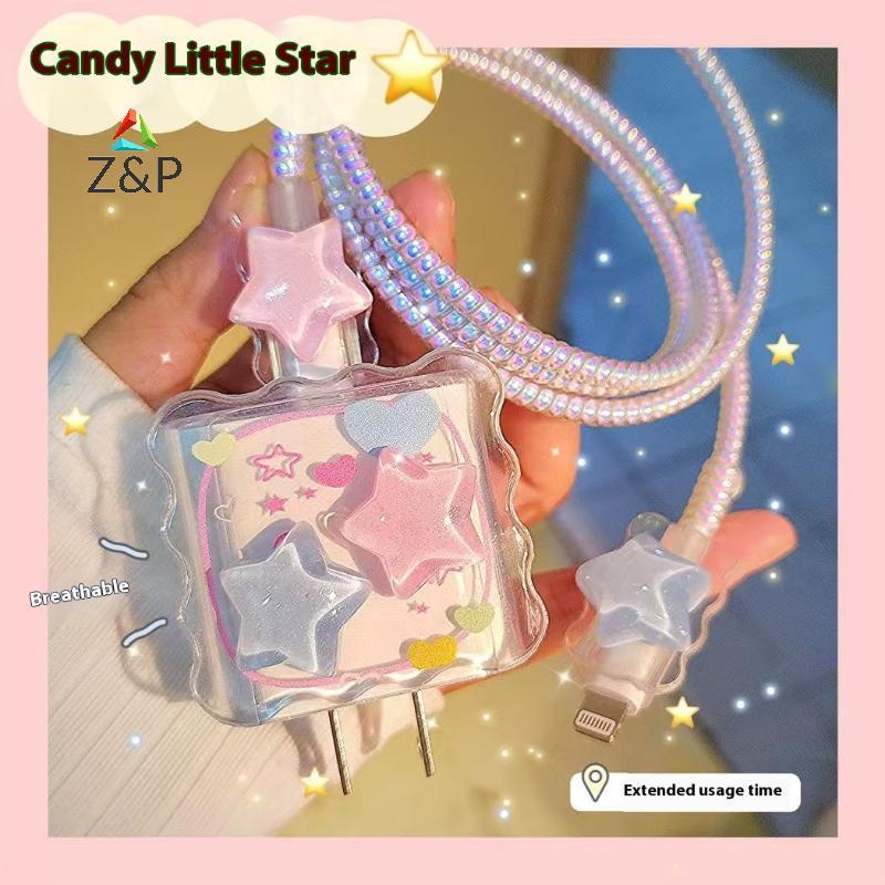 [Z&PT] Kawaii น่ารัก 3D Star Love Heart Wave Border Y2K USB Protector Cover สําหรับ 18/20W Data Line