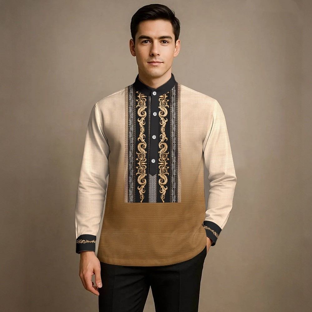 2026 Barong Tagalog สําหรับชายโมเดิร์นแขนยาว Barong เสื้อ Vintage ชาติพันธุ์เสื้อสํานักงานธุรกิจ