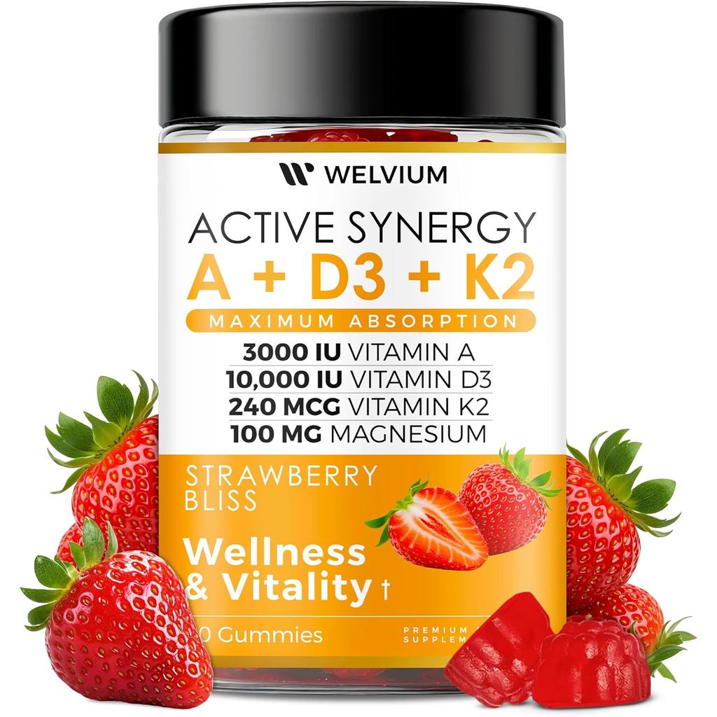Vitamin D3 K2 Gummies 10000 IU with Magnesium Glycinate, Calcium, B12, K2 MK-7, Vitamins A, E, Lutei