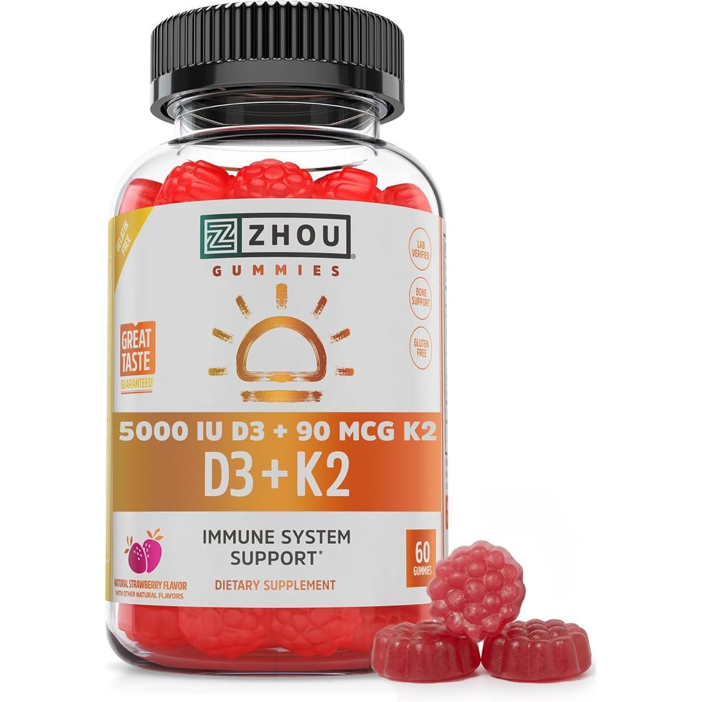 Zhou D3+K2 - Vitamin D3 K2 Supplement for Women & Men, Immune Support Vit D3 and K2 Gummy, Gelatin F