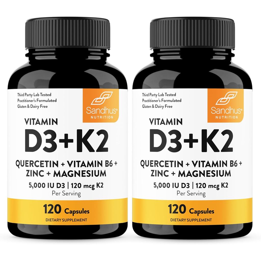 Sandhu's Vitamin D3 K2 Magnesium 5000 IU, 120mcg K2 Capsules 120 Count (Pack of 2) | with VIT B6, Zi